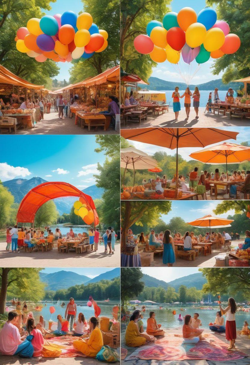 A vibrant collage showcasing ten joyful activities: people dancing in colorful costumes, friends enjoying a picnic in a sunny park, a serene yoga session by a lake, laughter during a game night, an artist painting a bright canvas, children playing with balloons, cooking a cheerful meal, enjoying a cozy book nook, hiking in a lush forest, and sharing moments at a lively market. The background should radiate warmth and happiness, with bright colors and light elements to evoke bliss. super-realistic. vibrant colors. cheerful mood.