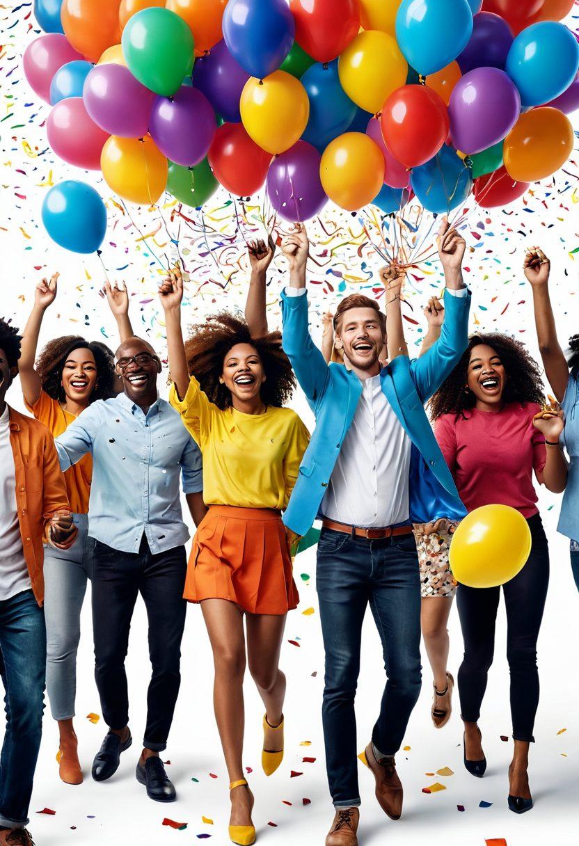 A vibrant and dynamic scene showcasing a diverse group of cheerful individuals engaging in various thrilling activities together, with a festive atmosphere filled with balloons and confetti, symbolizing the excitement of joining a community. The background features abstract colorful waves representing elation and camaraderie. super-realistic. vibrant colors. white background.