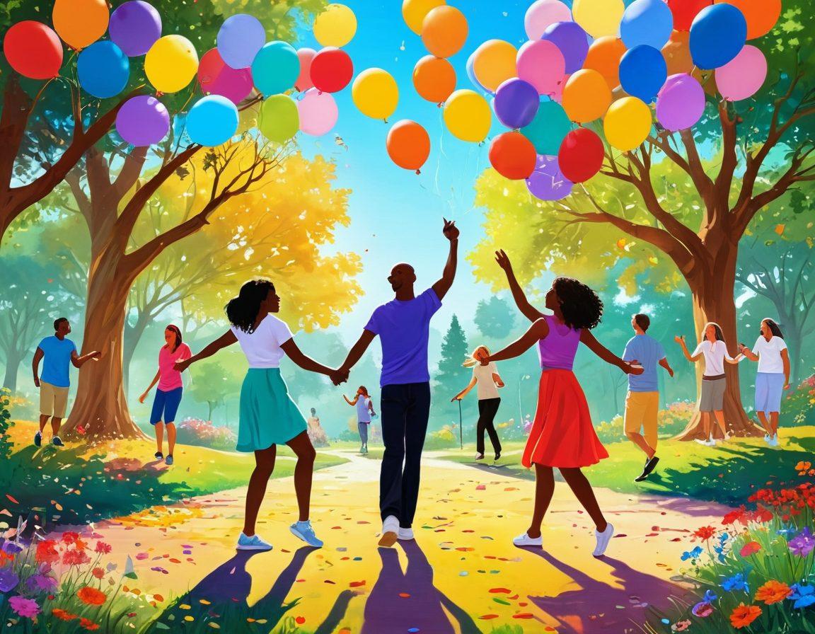 A vibrant scene depicting blissful individuals engaged in diverse ecstatic activities like dancing, hiking, painting, and meditating in a colorful park setting. Incorporate elements of joy such as balloons, confetti, and glowing sun rays to enhance the atmosphere. Characters of different backgrounds should express pure happiness and connection with nature. The overall mood should evoke a sense of freedom and joyfulness. vibrant colors. super-realistic.